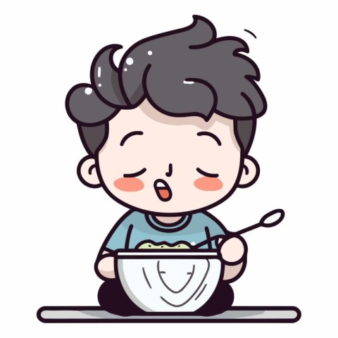 Boy Eating Rice Bowl - Cute Cartoon Vector IllustrationÃ¯Â»