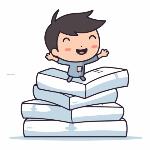 Boy sitting on pile of books. Vector cartoon character illustrat