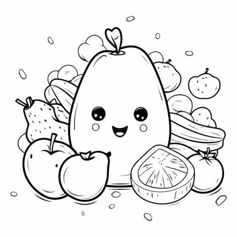 Fruit kawaii cartoon for coloring book.