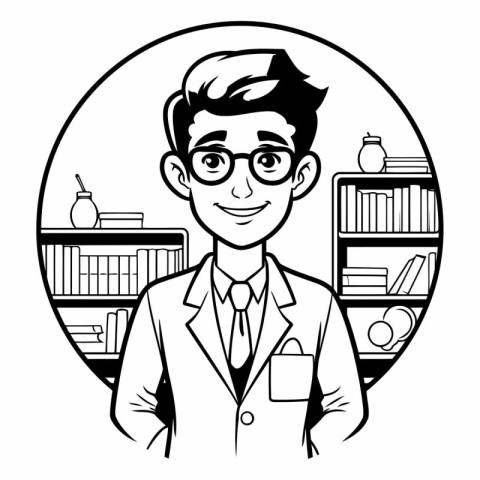 Doctor man cartoon profile round icon black and white vector ill