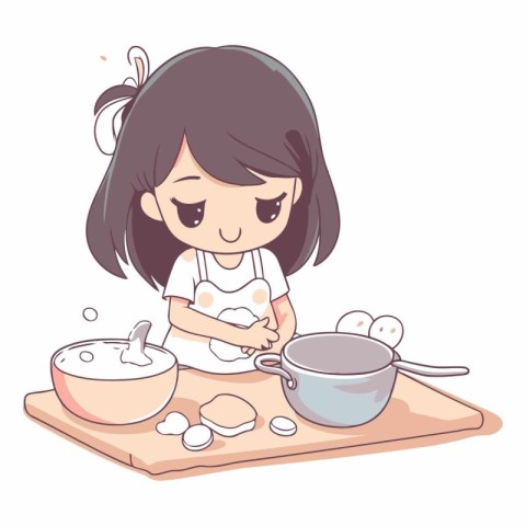 Illustration of a Little Girl Cooking in the Kitchen. Cute Carto