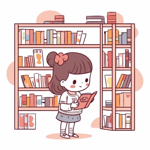 Cute little girl reading a book in the library.