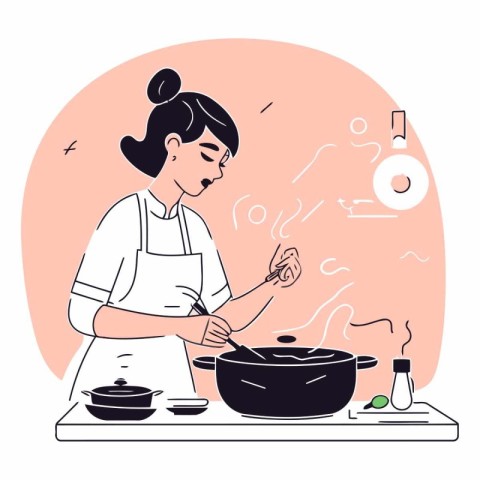 Young woman cooking in the kitchen in cartoon style.