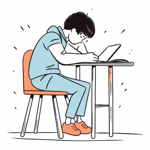 Vector illustration of a boy sitting at the table with a laptop.