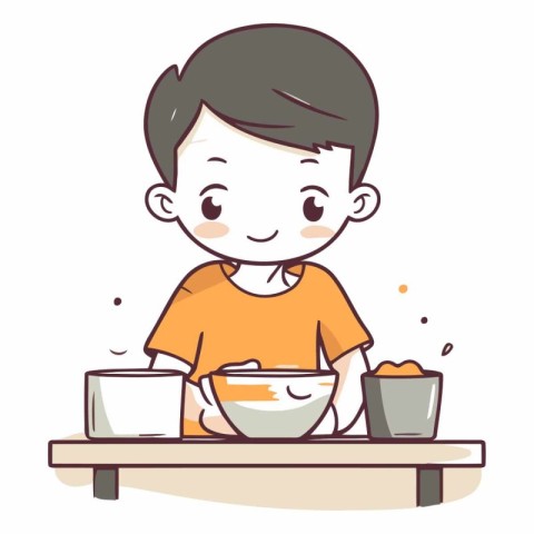 Illustration of a Kid Boy Eating a Bowl of Breakfast in the Kitc