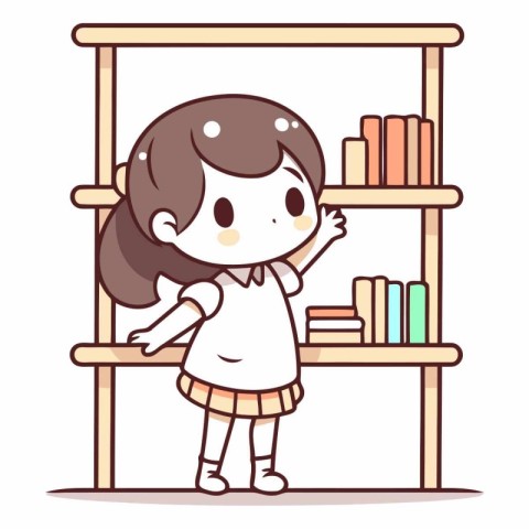 girl standing on the bookshelf in library.