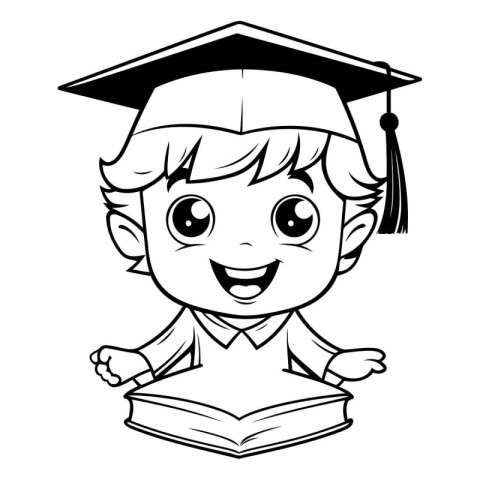 Boy in Graduation Hat - Black and White Cartoon Illustration. Ve