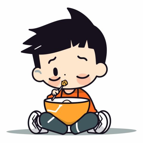 Boy Eating Rice Bowl - Cute Kid Vector Cartoon Character Illustr