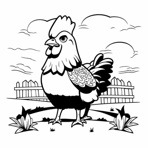 Rooster in the garden. Black and white vector illustration for c