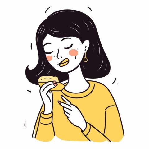 Illustration of a woman eating a hamburger.