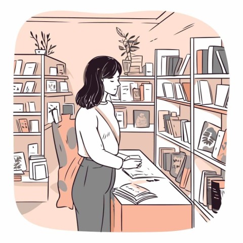 Vector illustration of a young woman choosing books in a book st