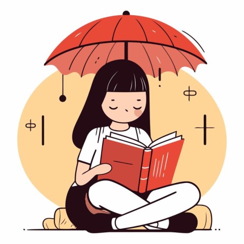 Girl reading a book under an umbrella in flat style