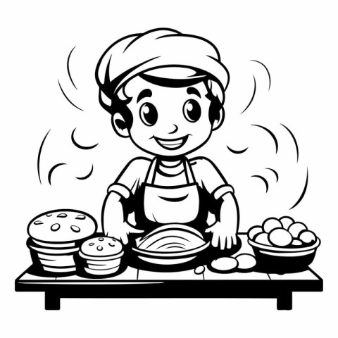 Illustration of a Kid Boy Cooking in the Kitchen - Black and Whi