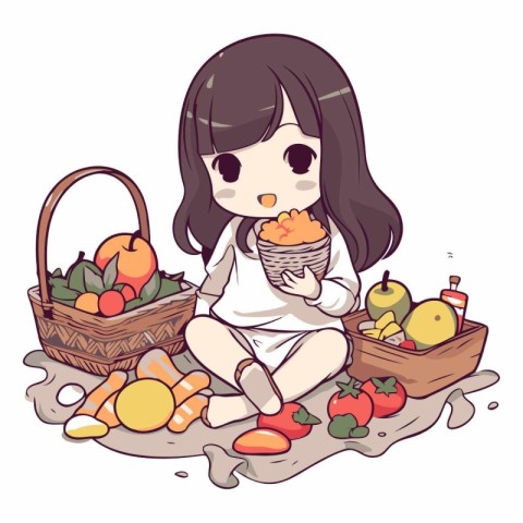 Illustration of a cute little girl and basket full of fruits and