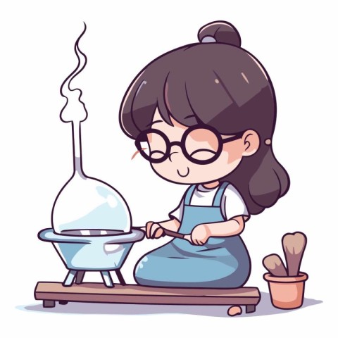 Cute little girl in glasses and apron sitting on the table and m