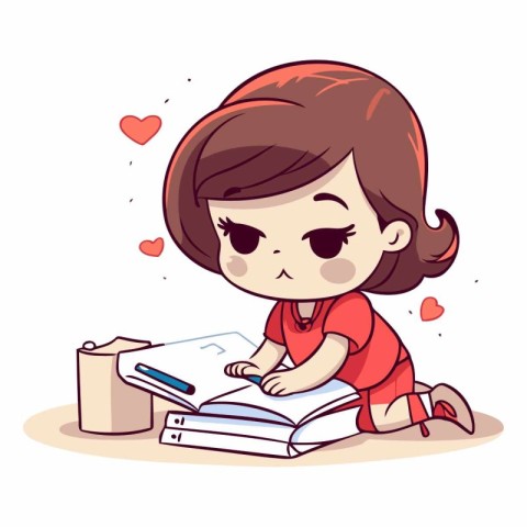 Cute little girl doing homework in cartoon style.