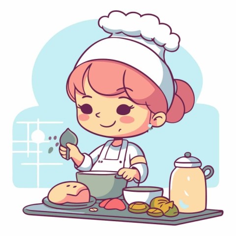 Cute little chef girl cooking in the kitchen.