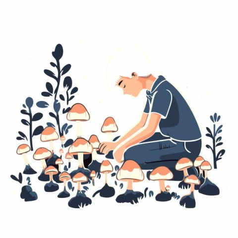 Man picking mushrooms in the garden in cartoon style.