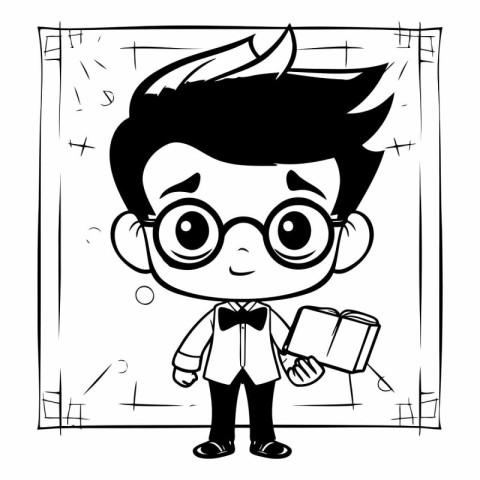 Black and White Cartoon Illustration of Cute Boy Student or Teac