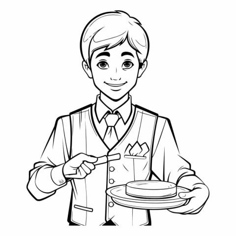 Black and White Cartoon Illustration of Young Male Chef Holding