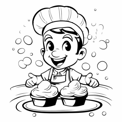 Black and White Cartoon Illustration of a Little Boy Chef Servin