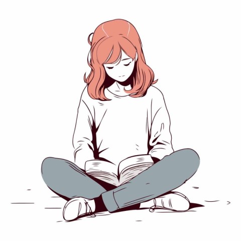 Vector illustration of a girl with red hair sitting and reading