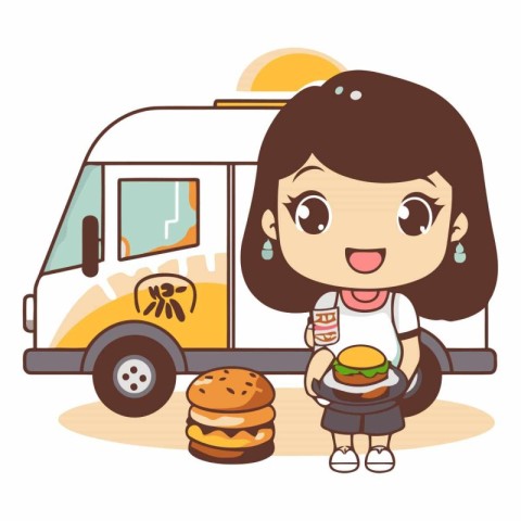 Cartoon girl with hamburger and ice cream truck.