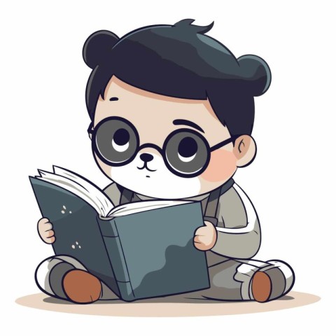 Cute little boy reading a book in cartoon style.