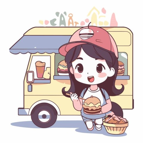 Illustration of a cute girl eating a hamburger in a fast food tr