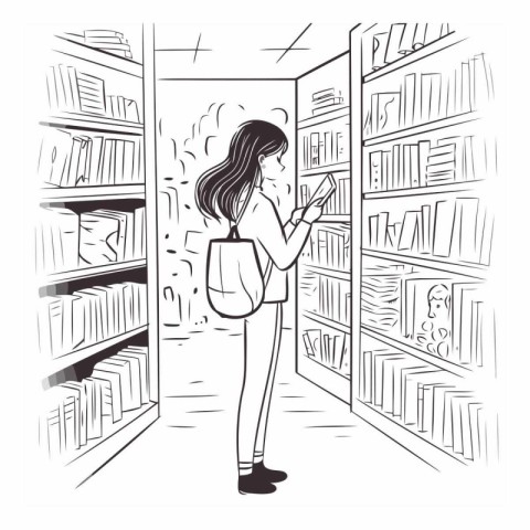 Vector illustration of a girl reading a book in the library. Han