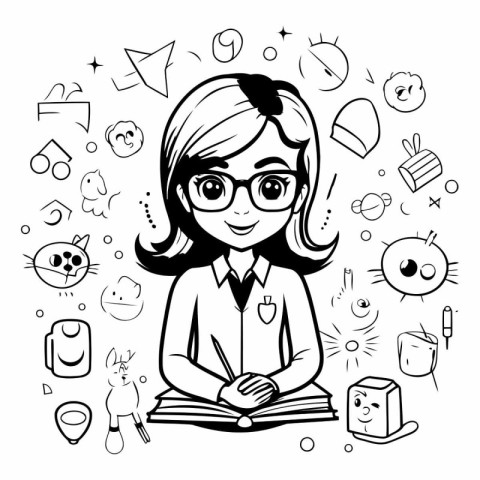 Black and white vector illustration of a girl in glasses reading