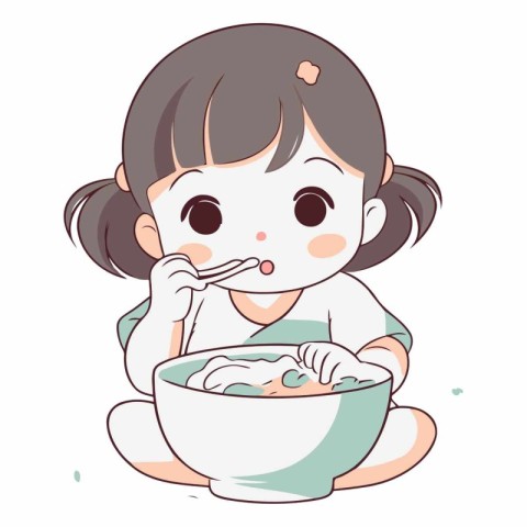 Illustration of a Little Girl Eating a Bowl of Noodles