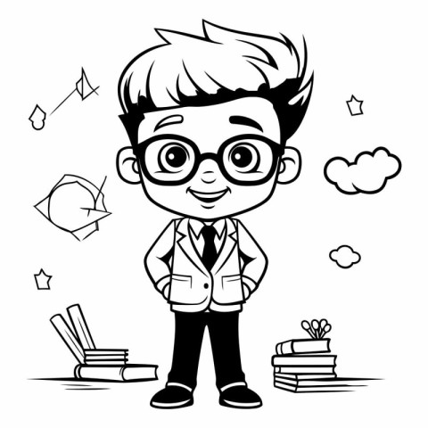 Vector illustration of a boy in school uniform with books and gl