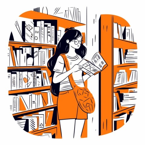 Vector illustration of a young woman in glasses reading a book i