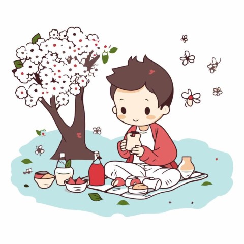 Boy drinking tea in the park of a boy drinking tea in the park.