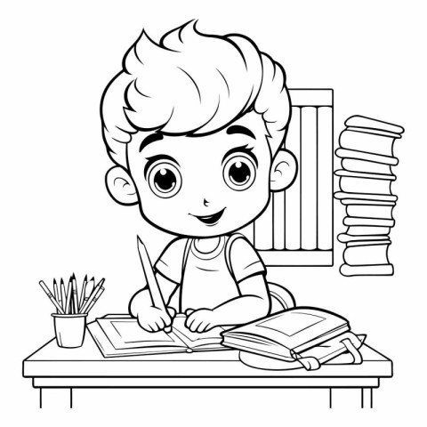 Boy doing homework. black and white vector illustration for colo