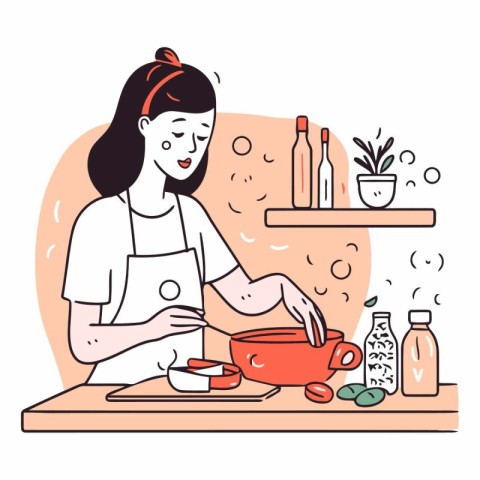 Woman cooking soup in the kitchen in flat style.