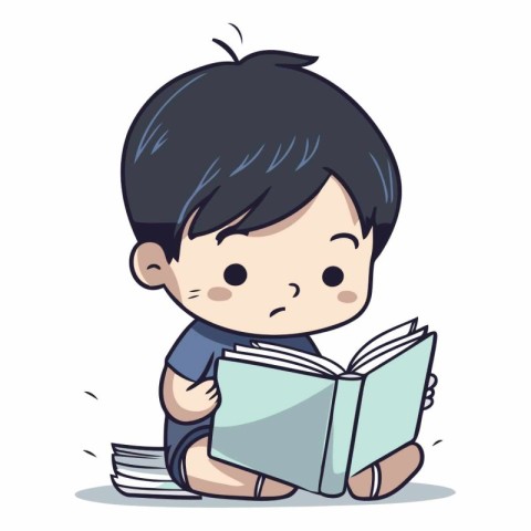 Cute little boy reading a book. Cute cartoon vector illustration