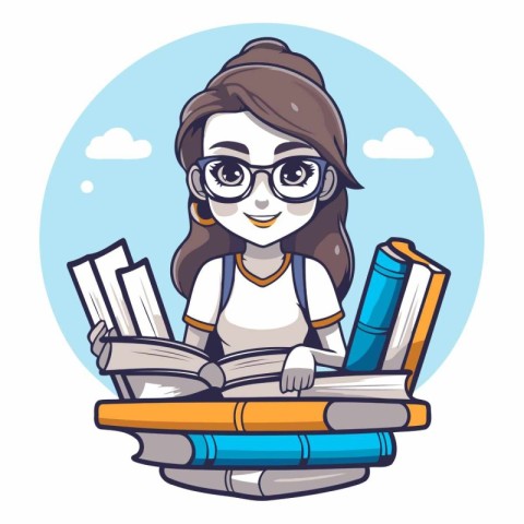 Cute cartoon girl with books in a flat style.