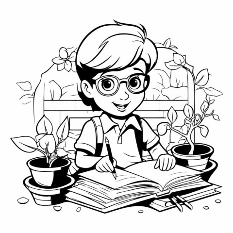 Boy reading a book in the garden. black and white vector illustr