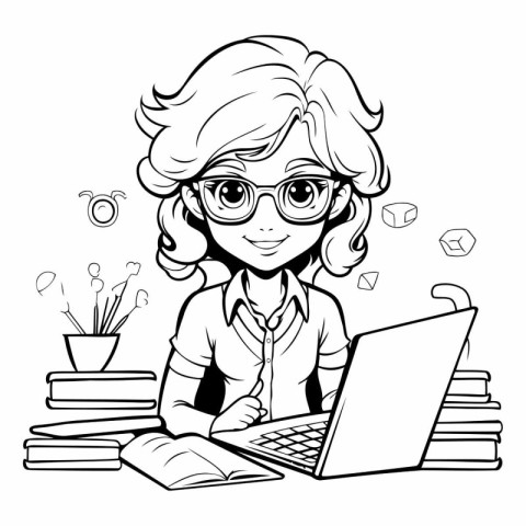 Black and White Cartoon Illustration of Girl Student Doing Homew