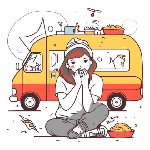 Vector illustration of a girl sitting in front of a yellow van.