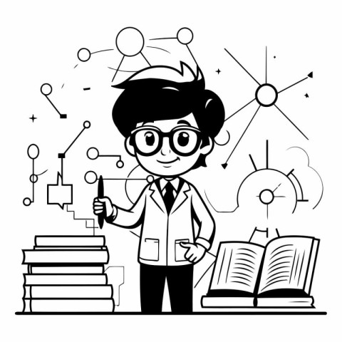 Teacher with books and a pen in black and white vector illustrat