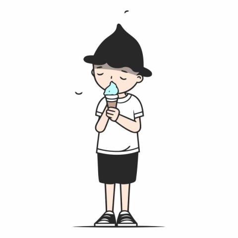 Boy eating ice cream in doodle style.