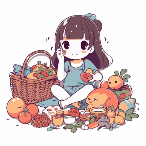 A vector illustration of a cute little girl with a basket full o