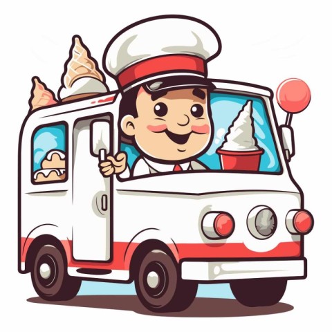 Cartoon chef with ice cream truck isolated on white background.