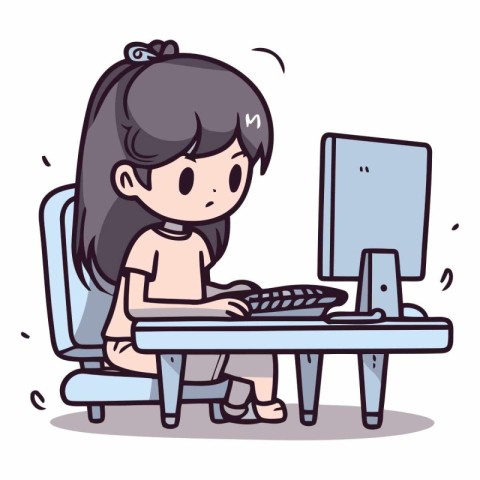 Cute little girl playing computer game cartoon vector illustrati