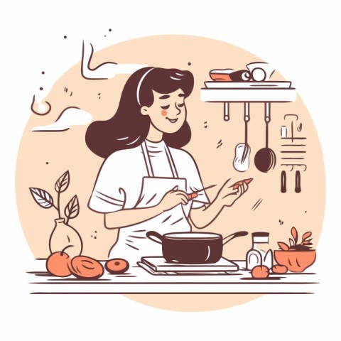 Young woman cooking soup in kitchen in cartoon style.