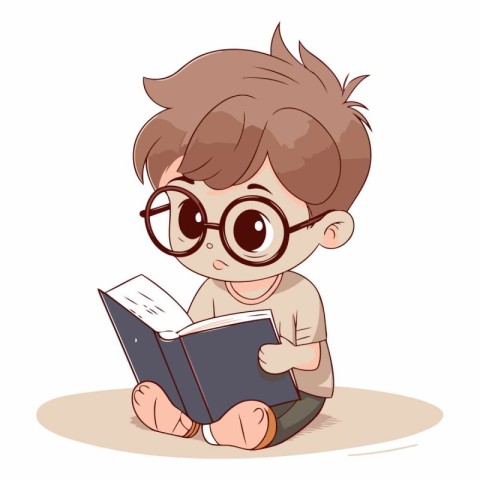 Cute boy reading a book on white background.