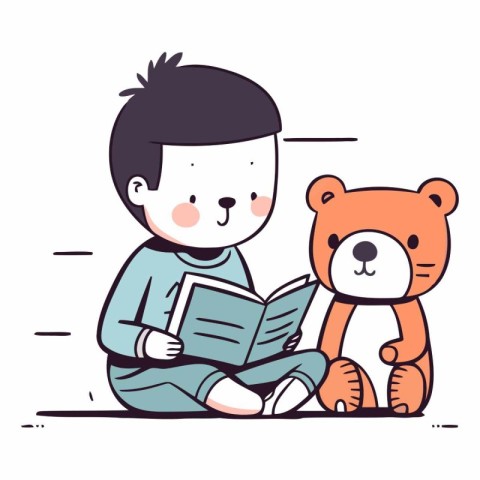 Boy reading a book with teddy bear in cartoon style.